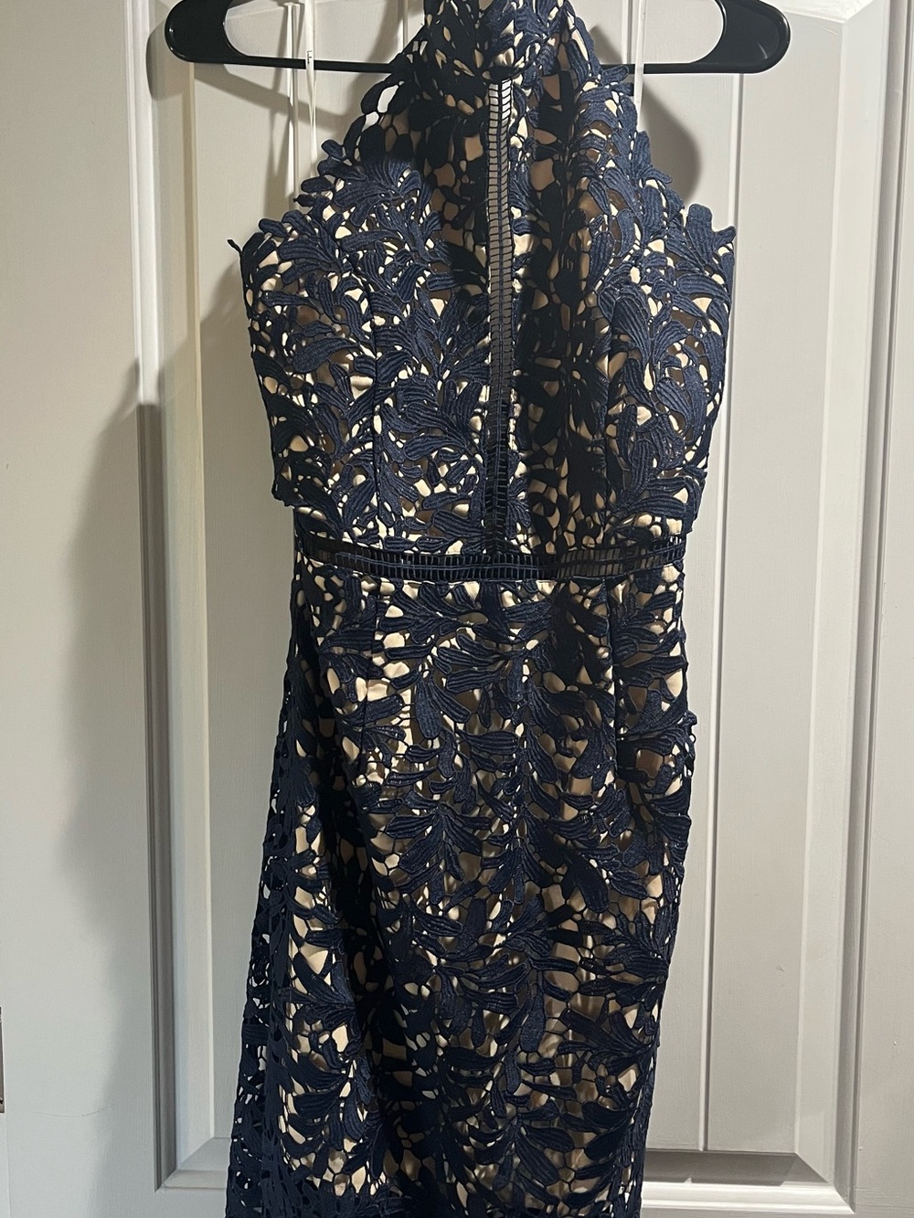 Lulu Navy Lace Halter Cocktail Dress with Nude Lining